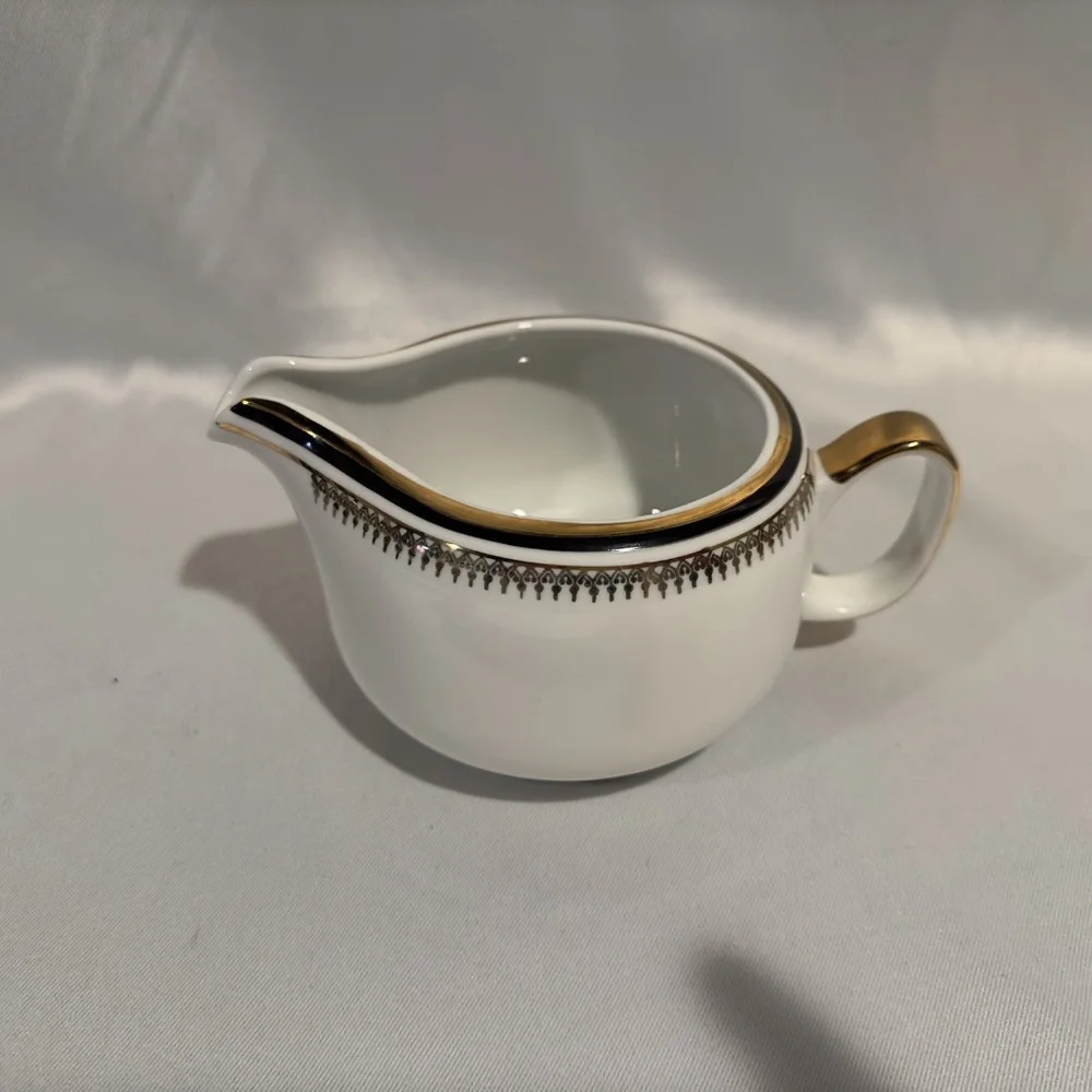 Chodziez Poland Porcelain Creamer Milk Pitcher Black Gold Band Filigree